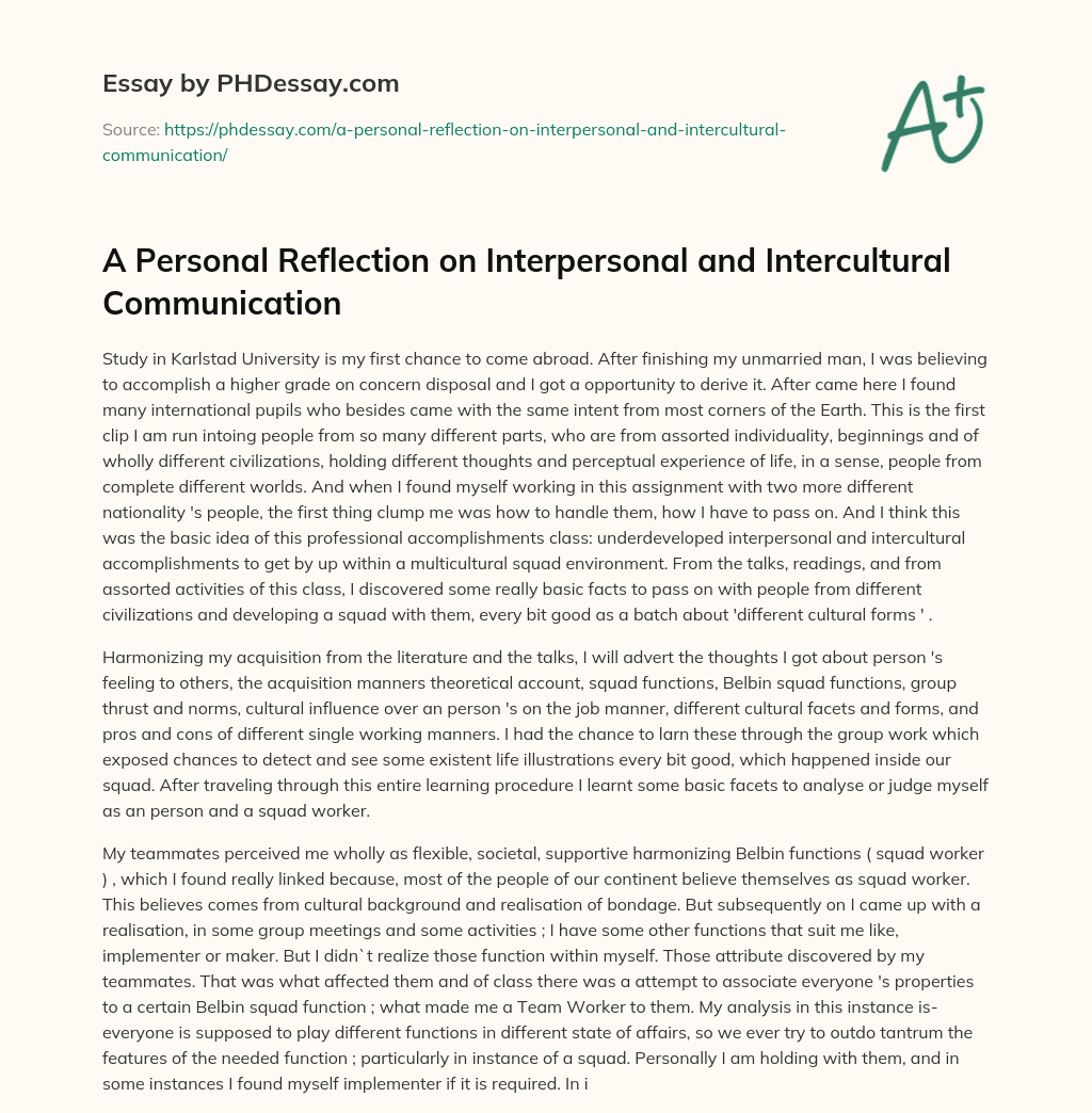 A Personal Reflection on Interpersonal and Intercultural Communication essay