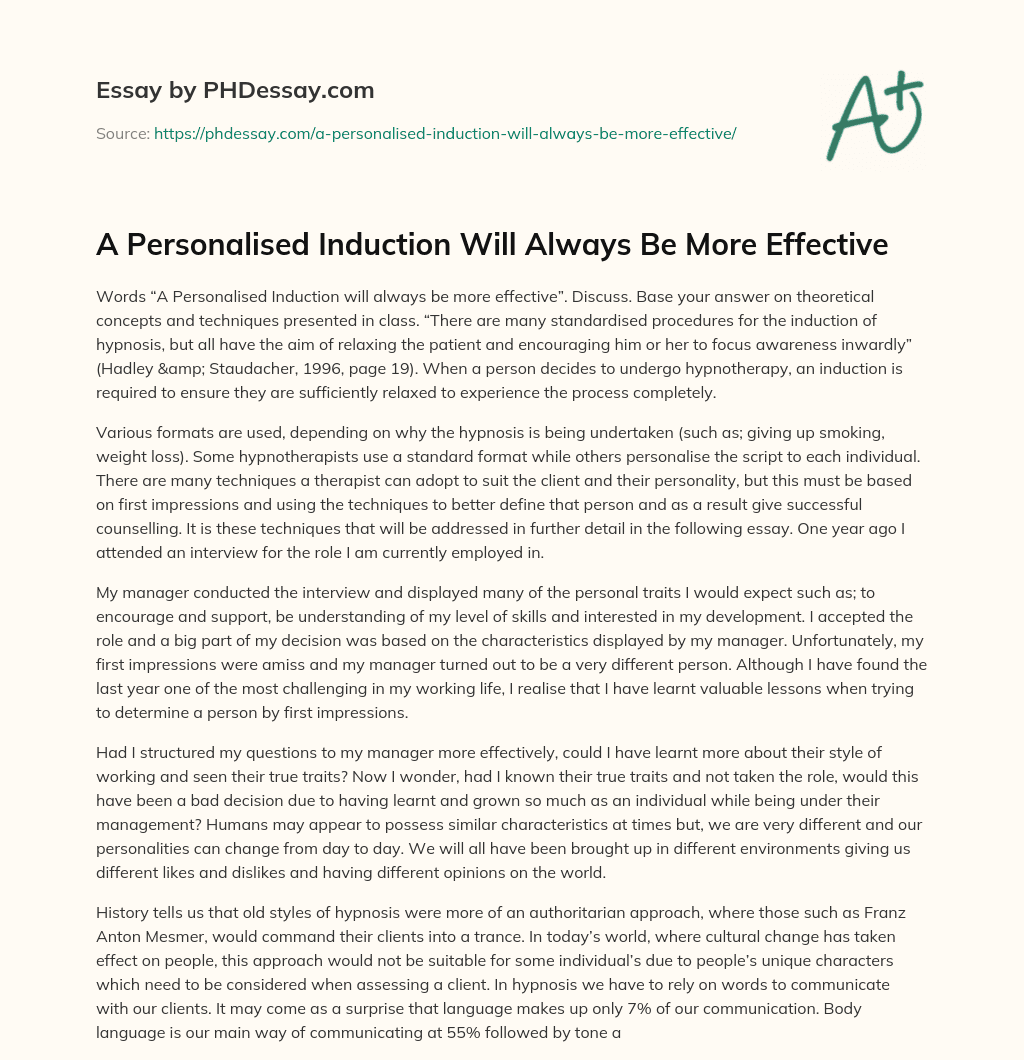 The Effectiveness of Personalised Induction in Hypnotherapy essay