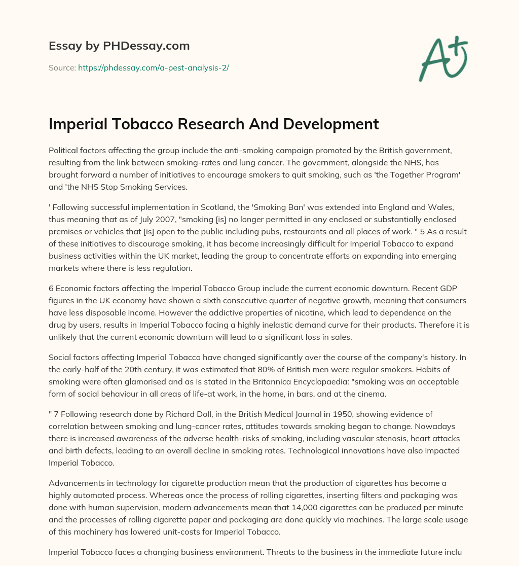 Imperial Tobacco Research And Development essay