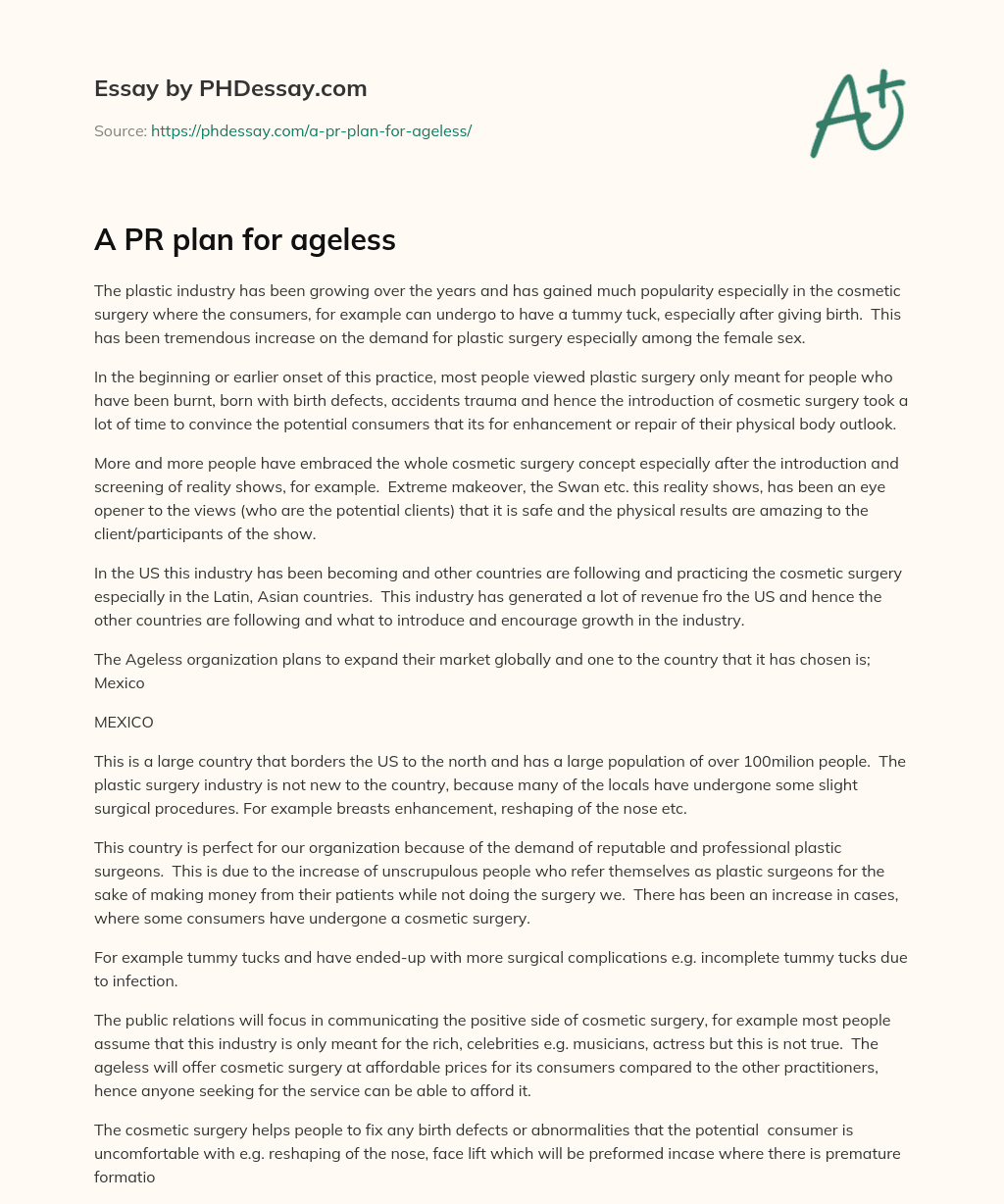 A PR plan for ageless essay