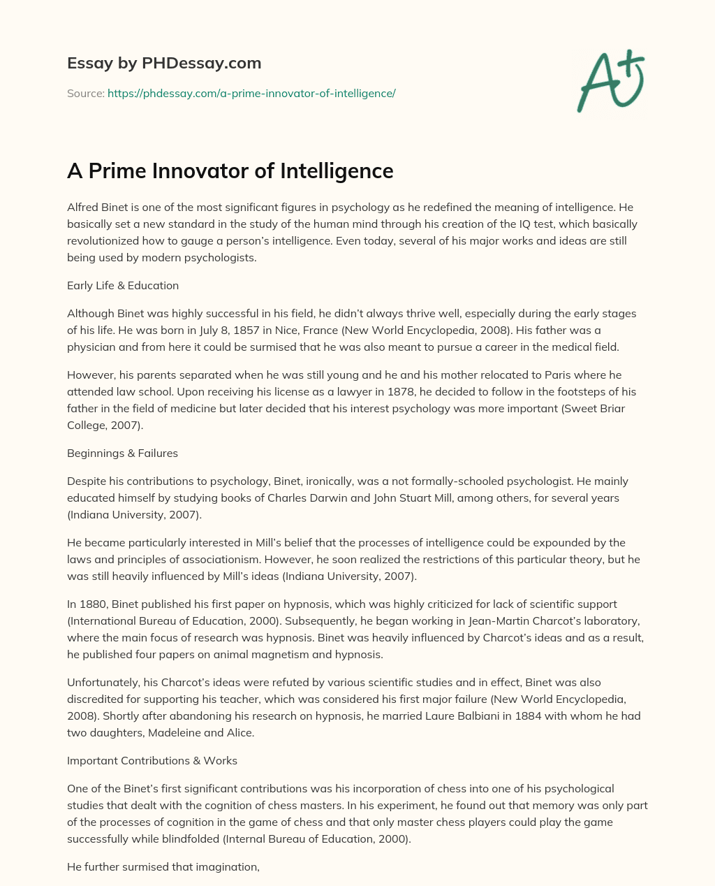 A Prime Innovator of Intelligence essay