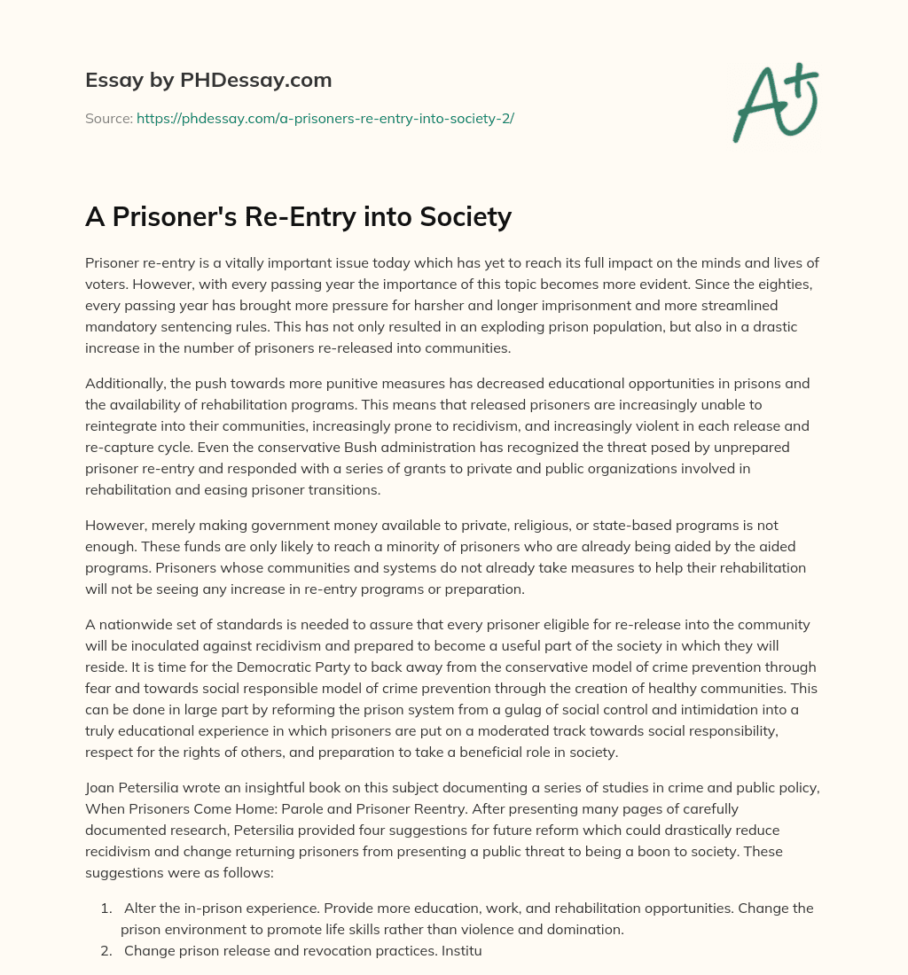 A Prisoner’s Re-Entry into Society essay
