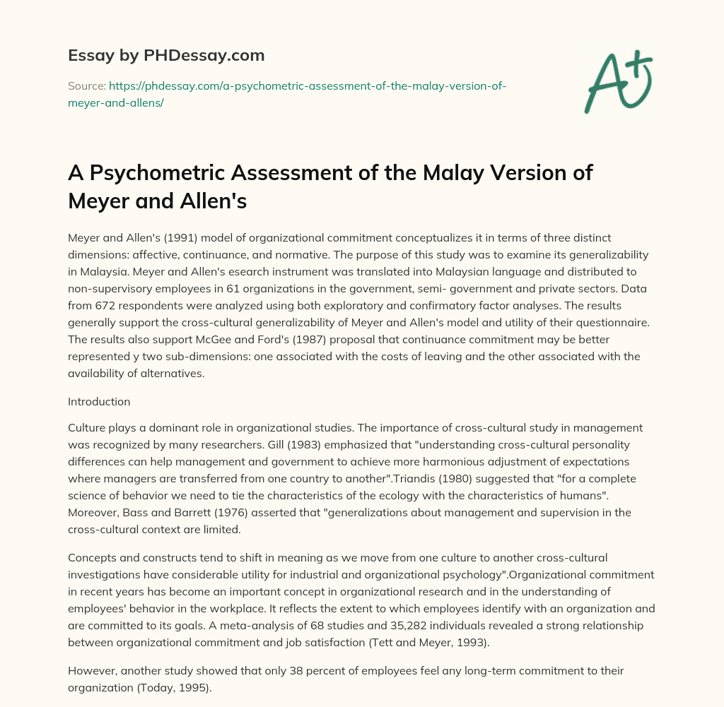 A Psychometric Assessment of the Malay Version of Meyer and Allen’s essay