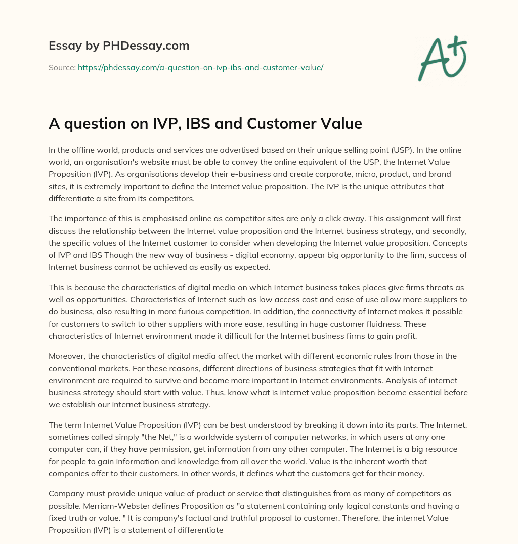 A question on IVP, IBS and Customer Value essay