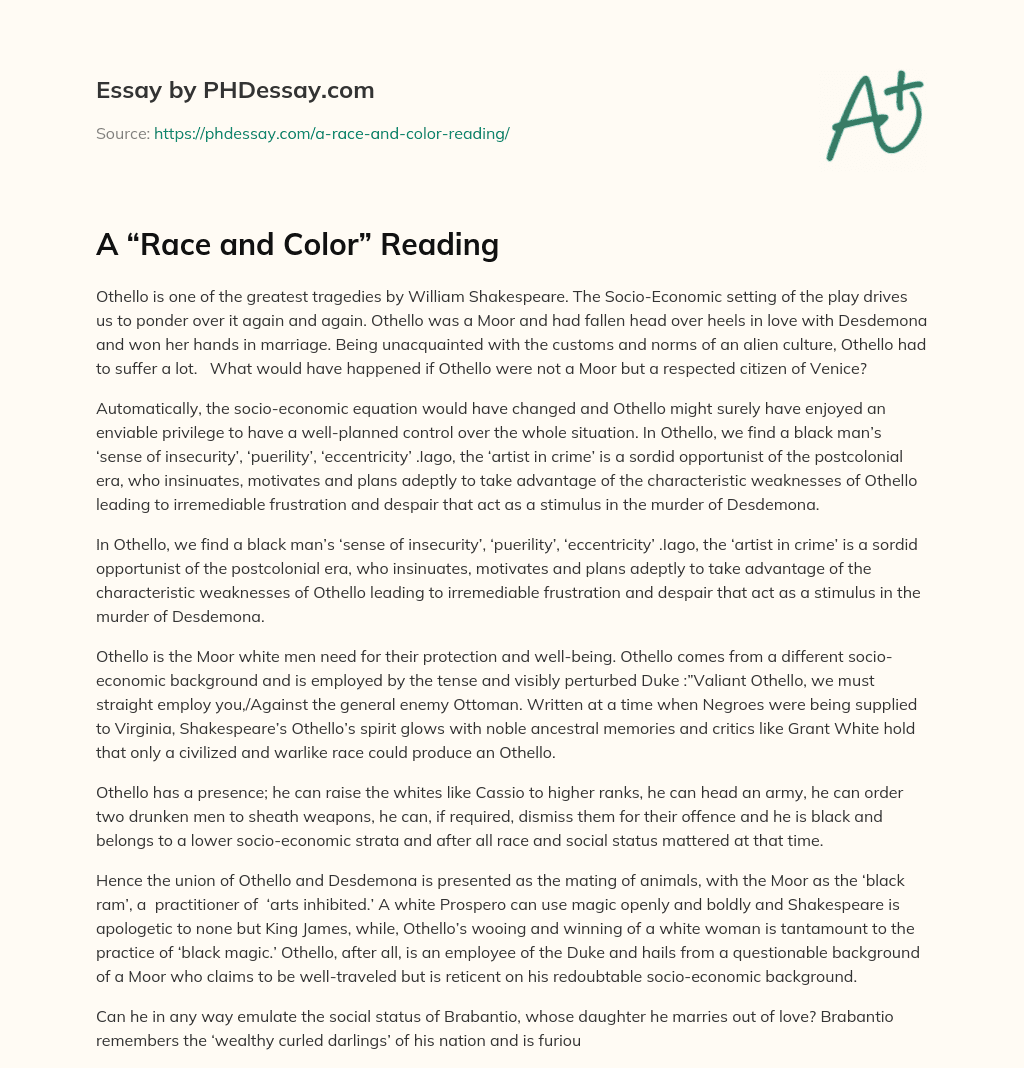 A “Race and Color” Reading essay