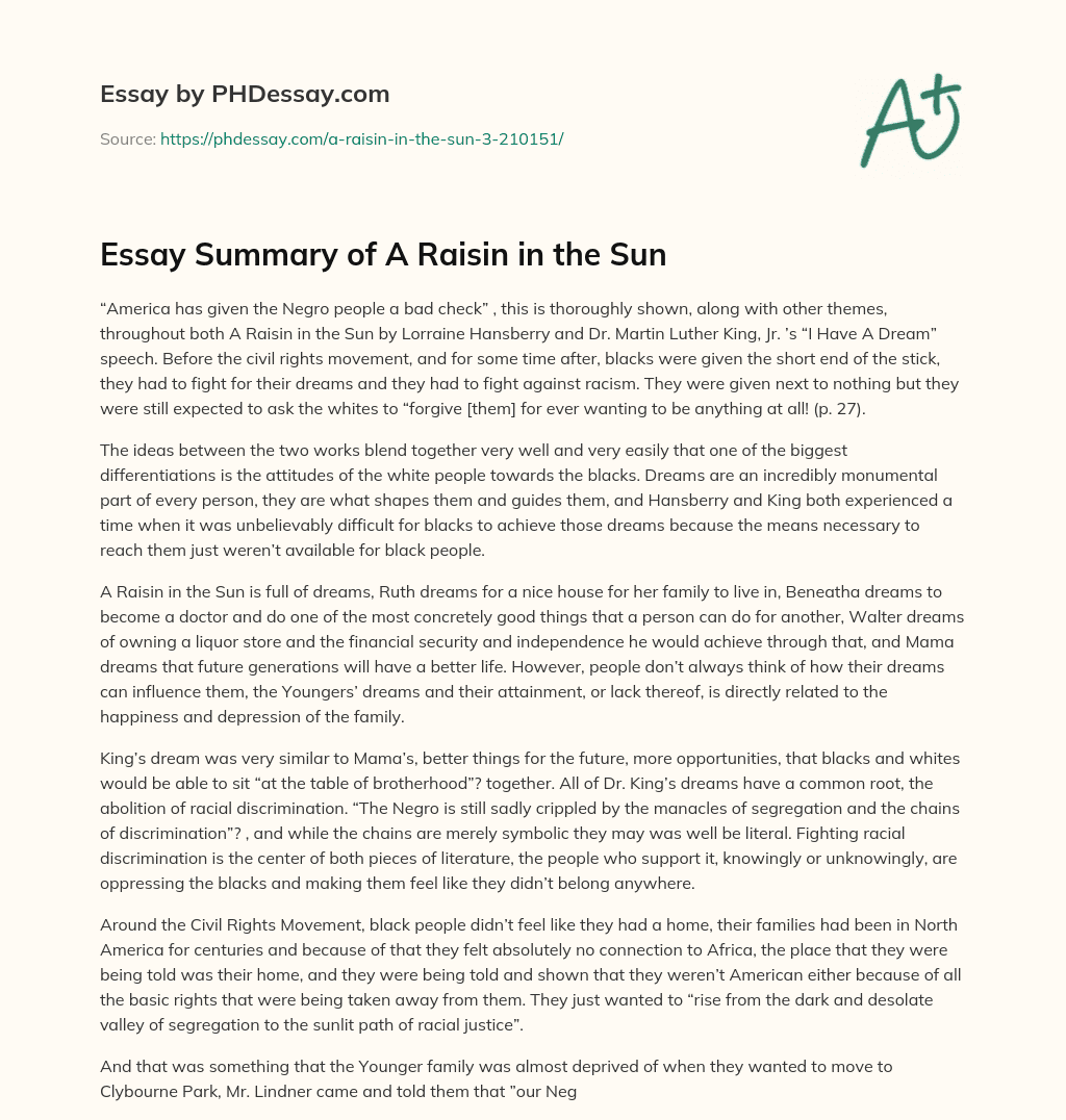 Essay Summary of A Raisin in the Sun essay