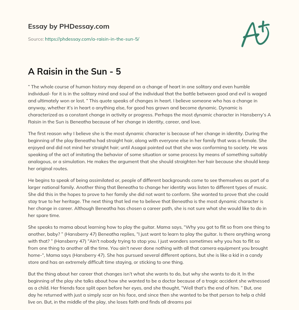A Raisin in the Sun – 5 essay
