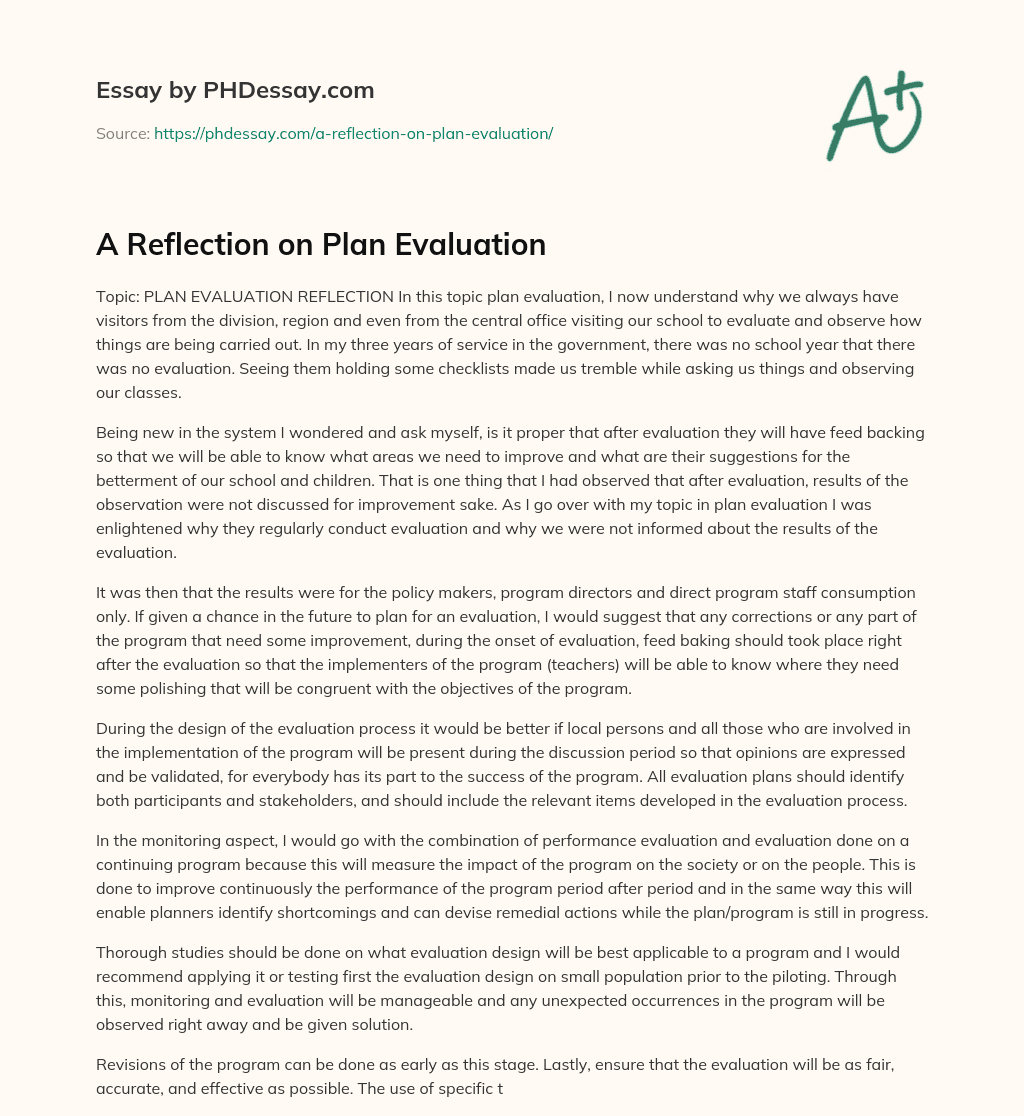 A Reflection on Plan Evaluation essay