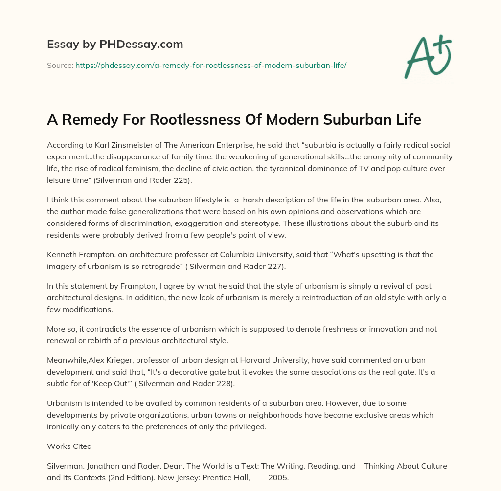 A Remedy For Rootlessness Of Modern Suburban Life essay
