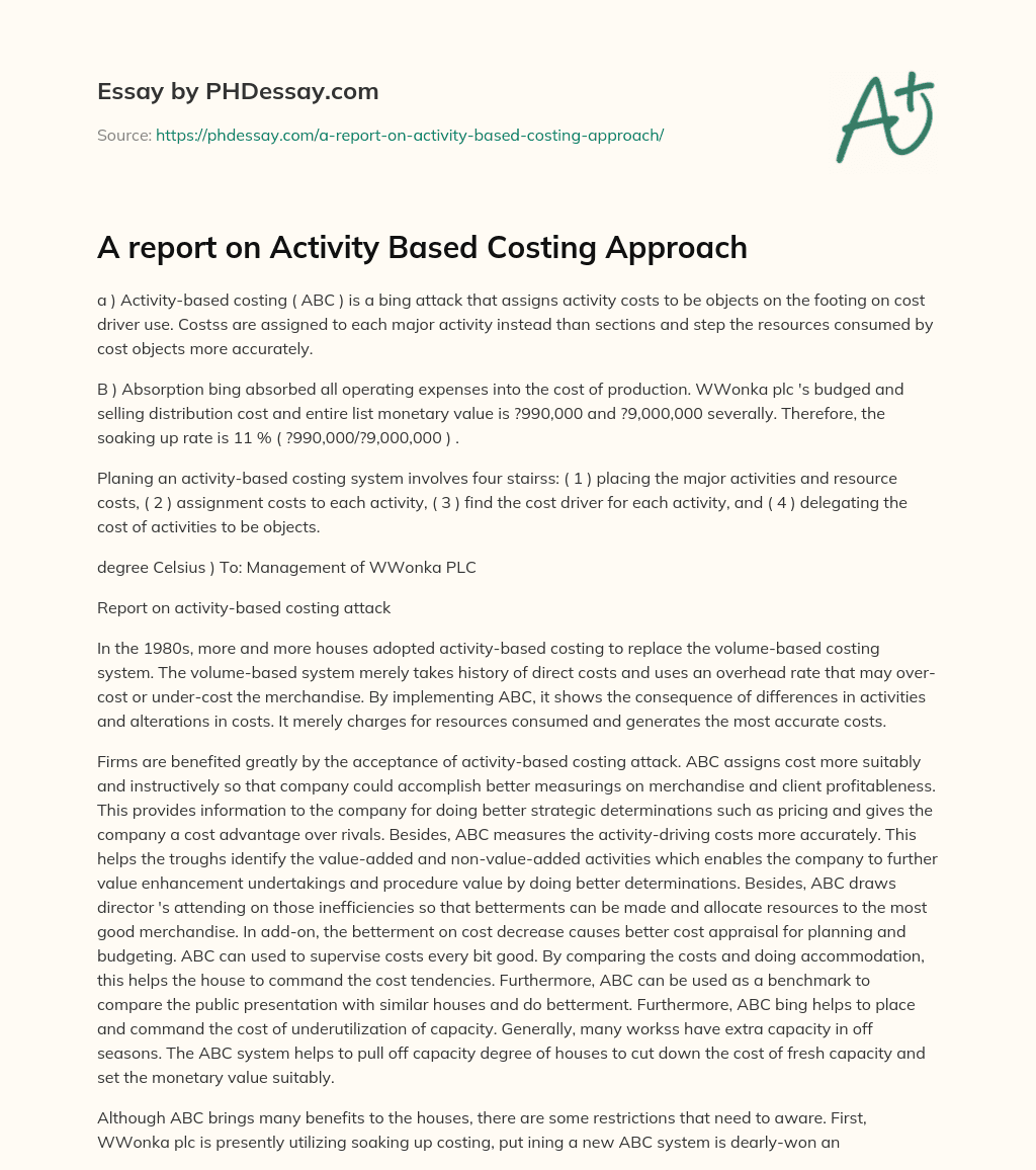 A report on Activity Based Costing Approach essay