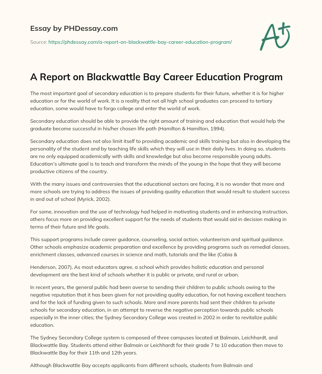 A Report on Blackwattle Bay Career Education Program essay