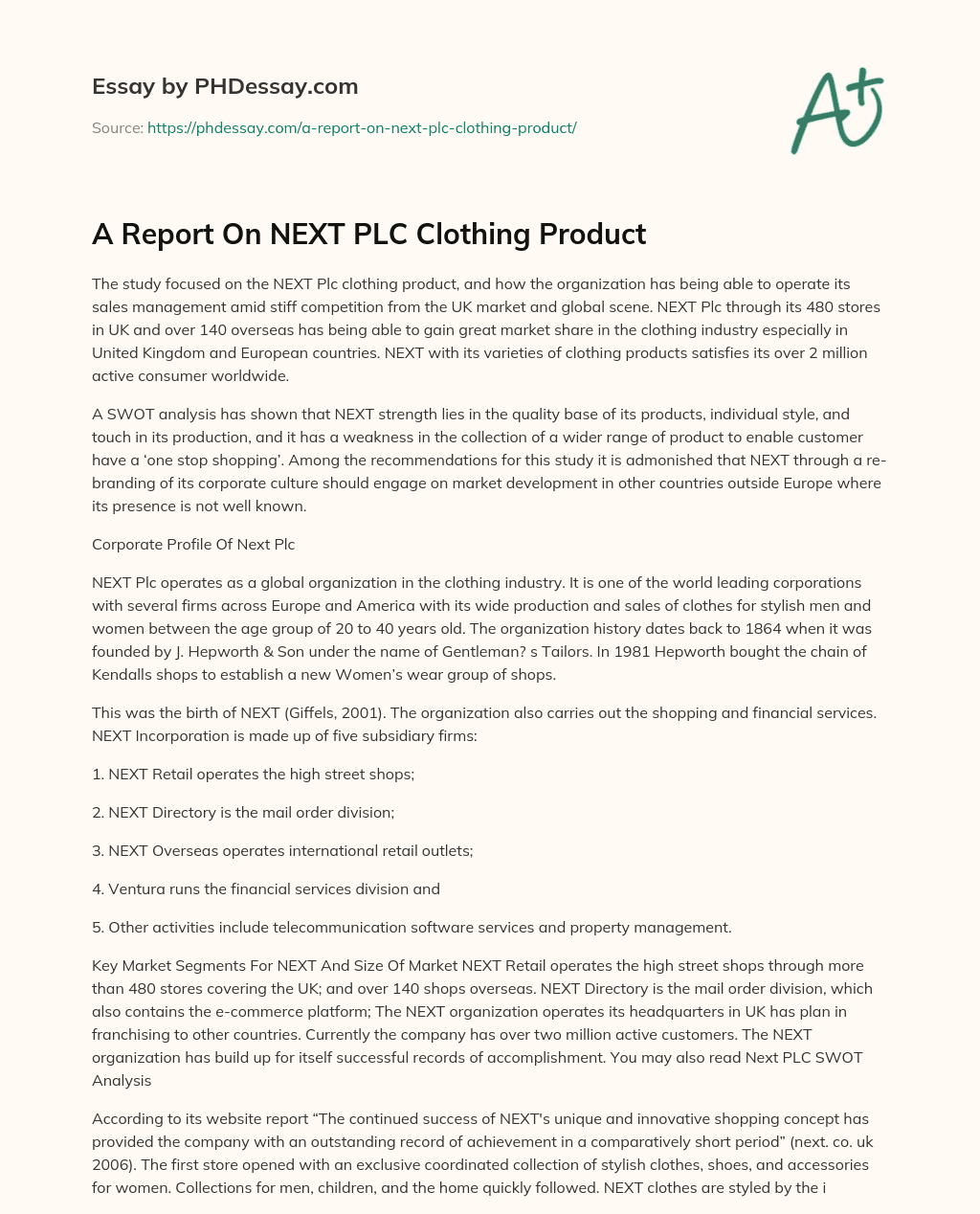 A Report On NEXT PLC Clothing Product essay