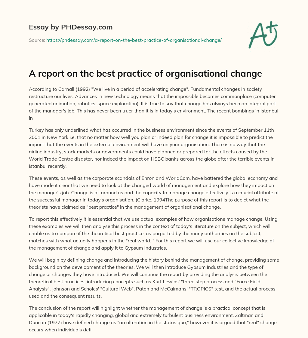 A report on the best practice of organisational change essay