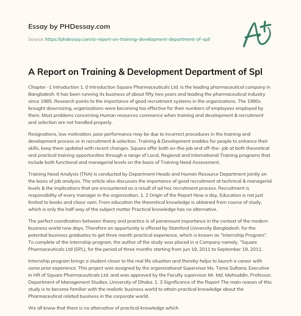 A Report on Training & Development Department of Spl essay