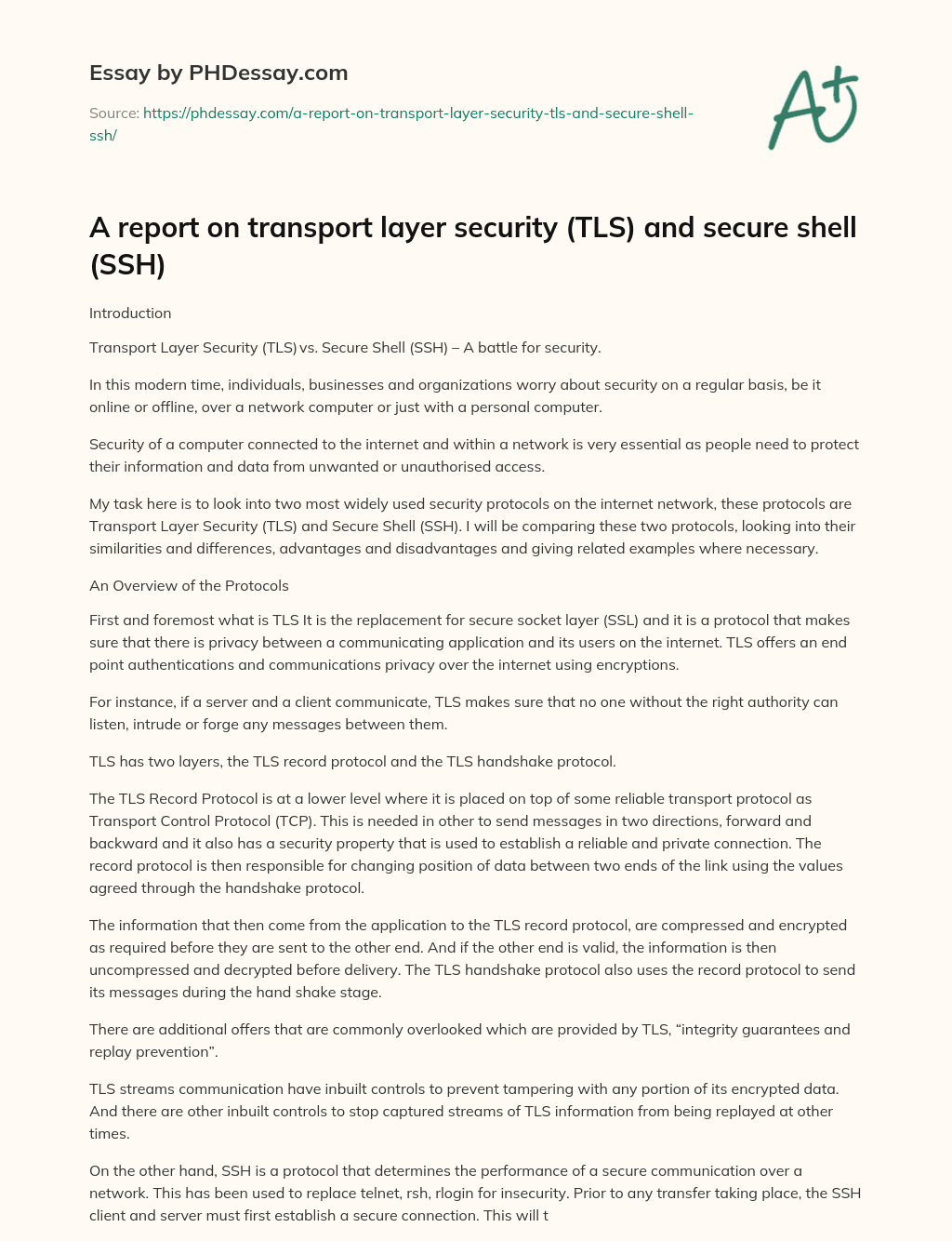 A report on transport layer security (TLS) and secure shell (SSH) essay