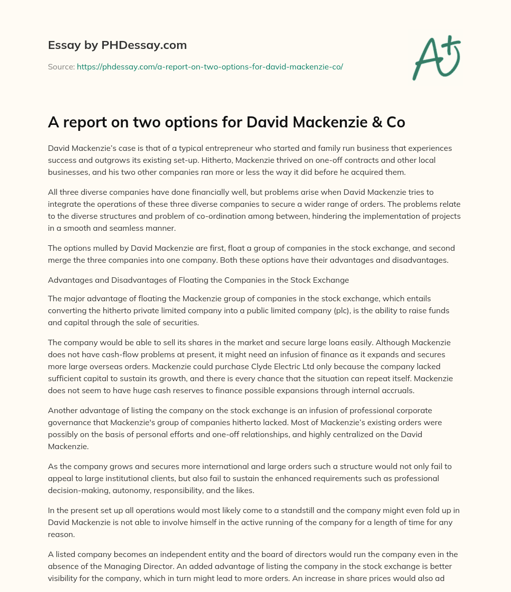 A report on two options for David Mackenzie & Co essay