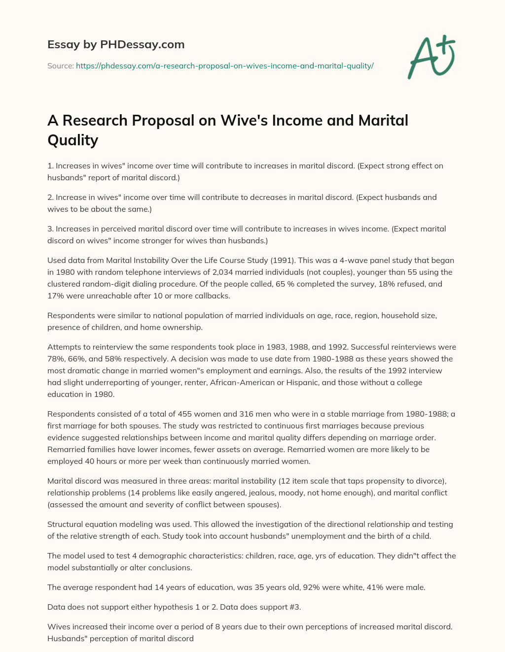 A Research Proposal on Wive’s Income and Marital Quality essay
