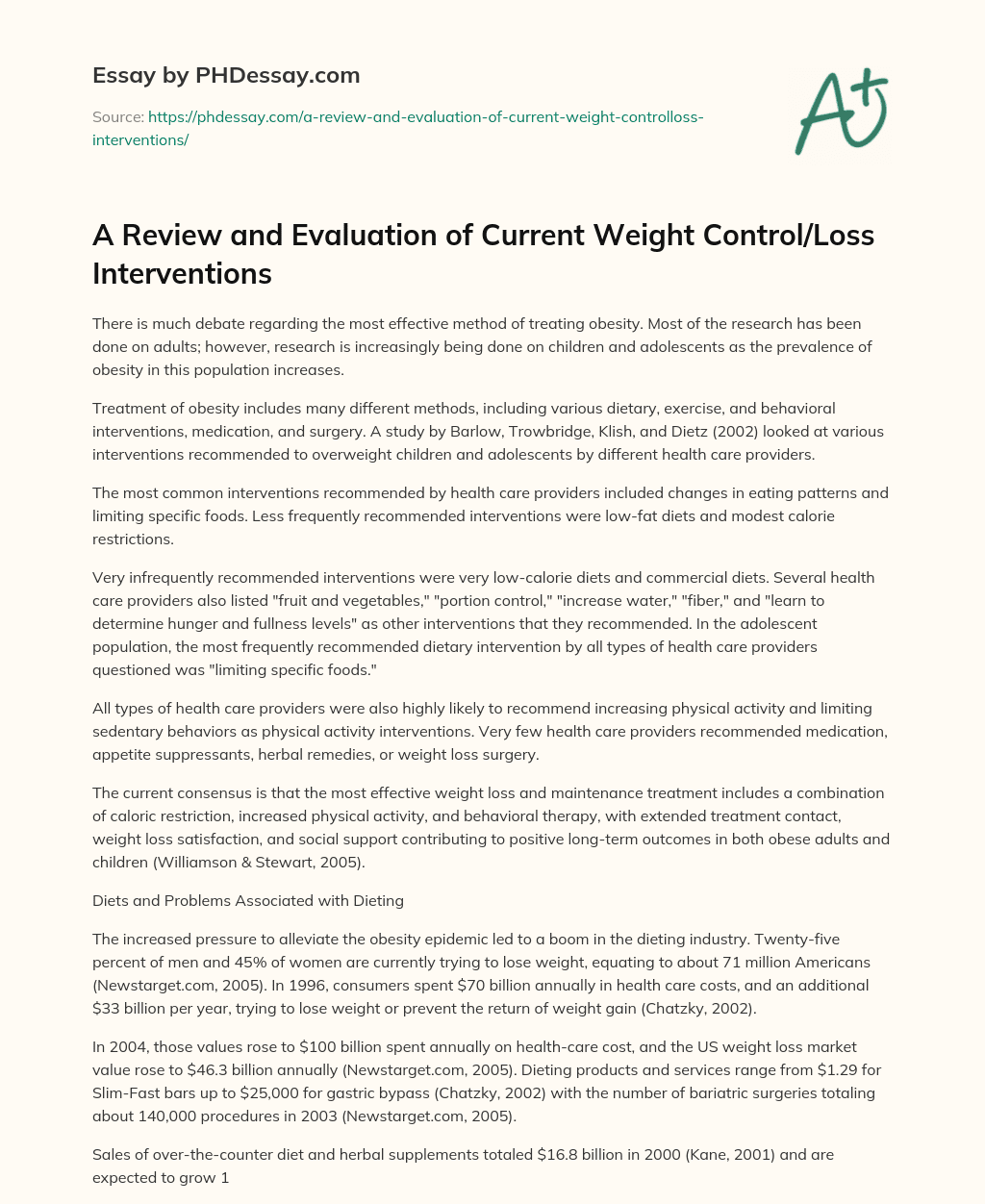 A Review and Evaluation of Current Weight Control/Loss Interventions essay