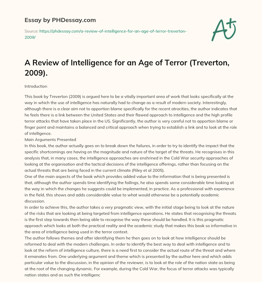 A Review of Intelligence for an Age of Terror (Treverton, 2009). essay