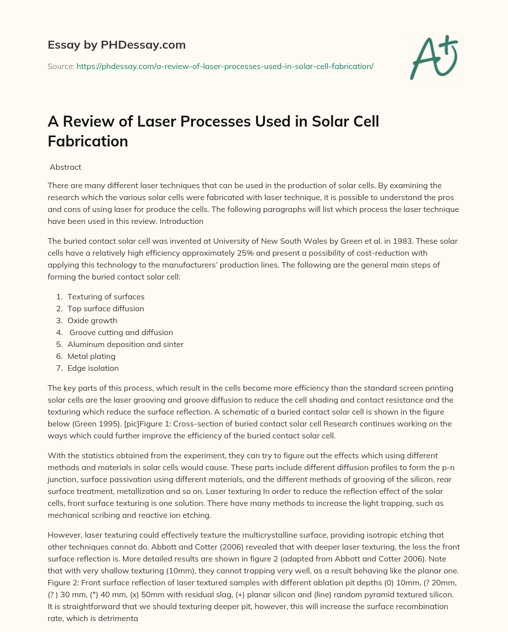 A Review of Laser Processes Used in Solar Cell Fabrication essay
