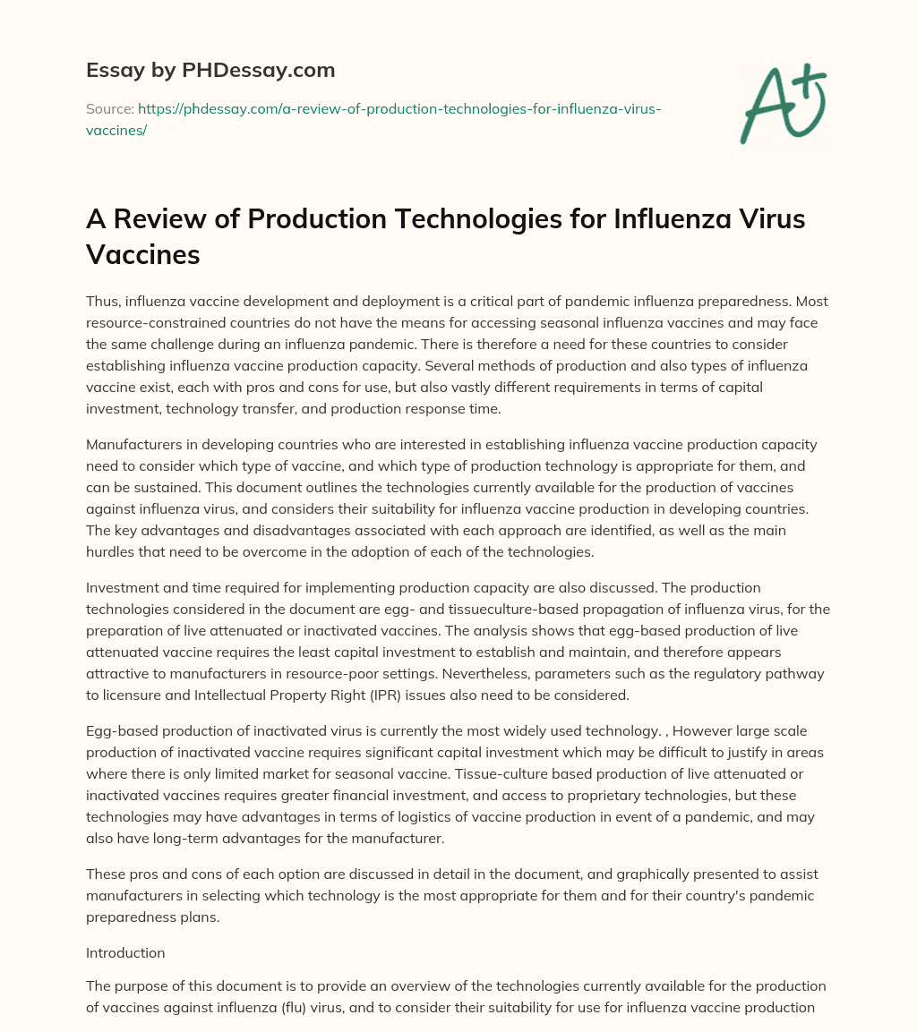 A Review of Production Technologies for Influenza Virus Vaccines essay