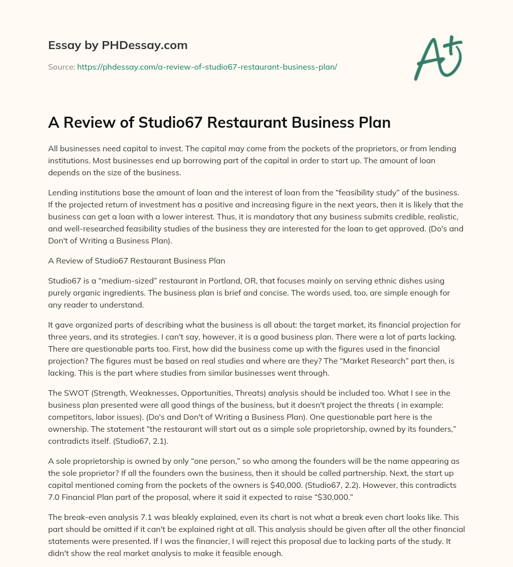 A Review of Studio67 Restaurant Business Plan essay