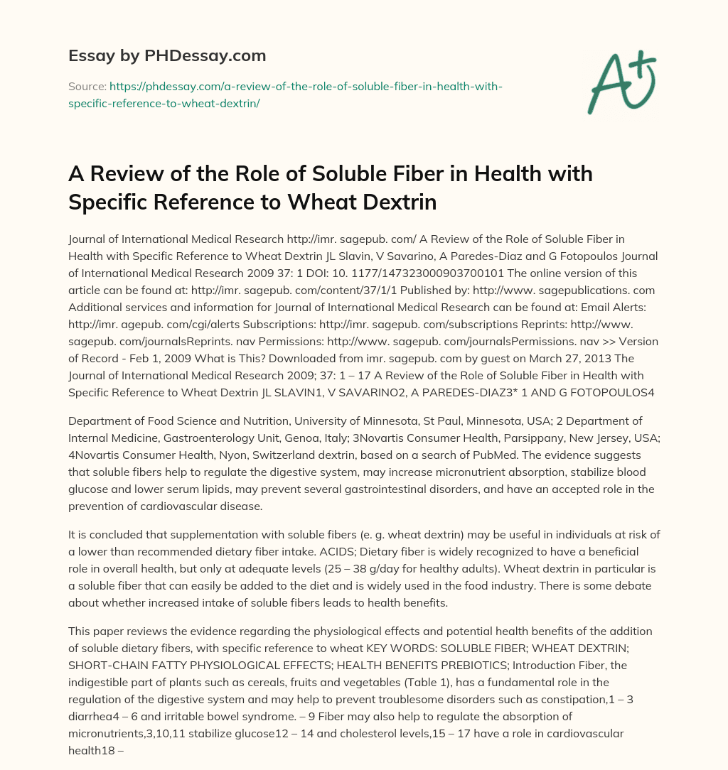 A Review of the Role of Soluble Fiber in Health with Specific Reference to Wheat Dextrin essay