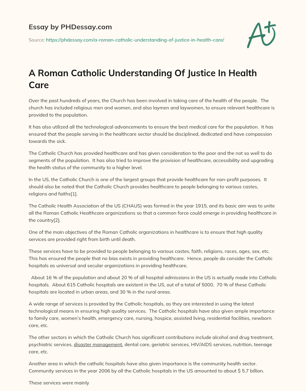A Roman Catholic Understanding Of Justice In Health Care essay