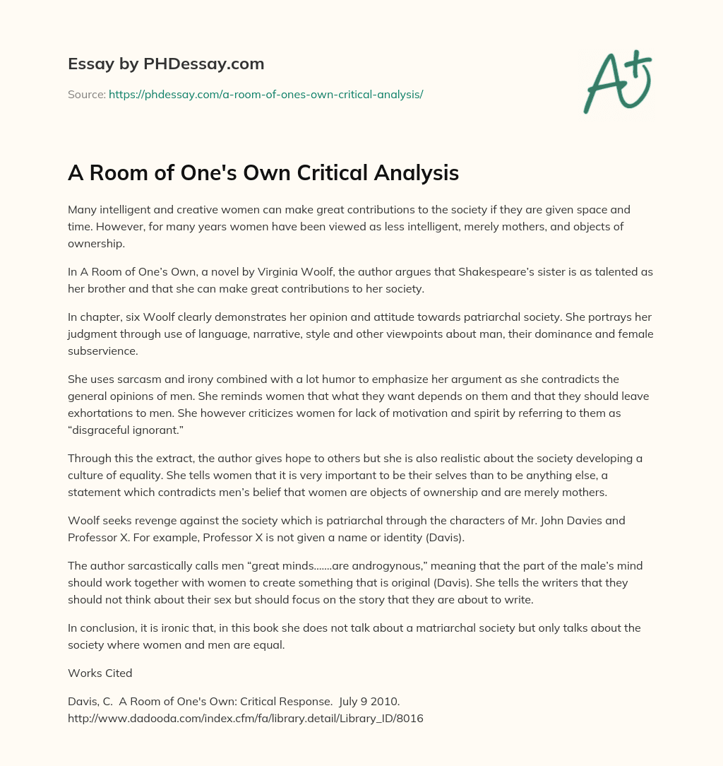 A Room of One’s Own Critical Analysis essay