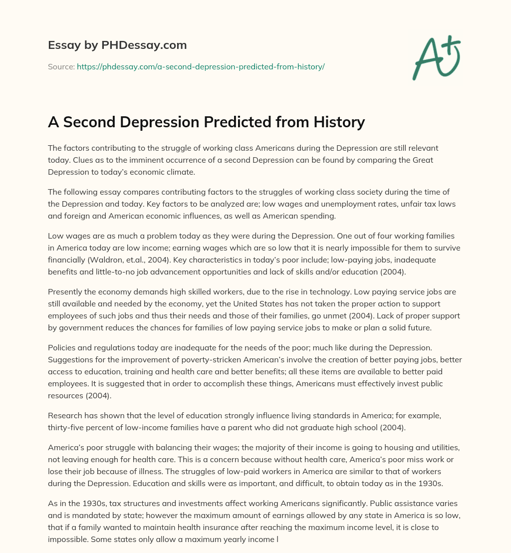 A Second Depression Predicted from History essay