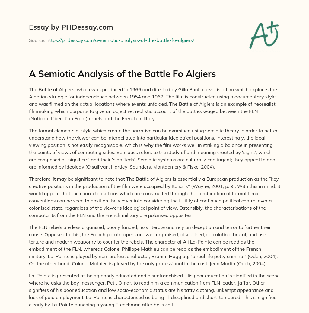A Semiotic Analysis of the Battle Fo Algiers essay