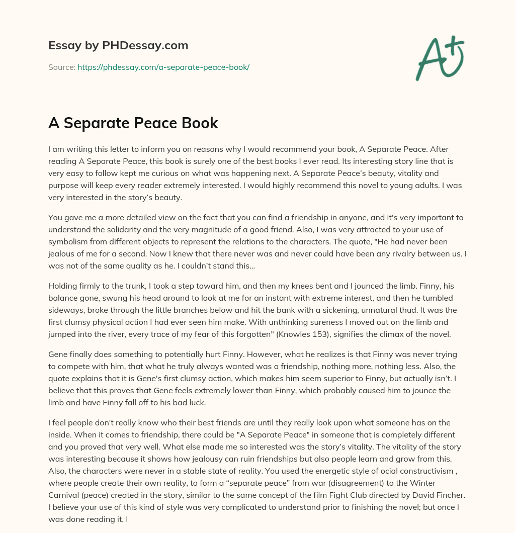 A Separate Peace Book essay