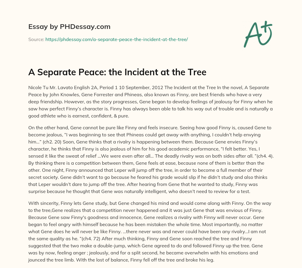 A Separate Peace: the Incident at the Tree essay