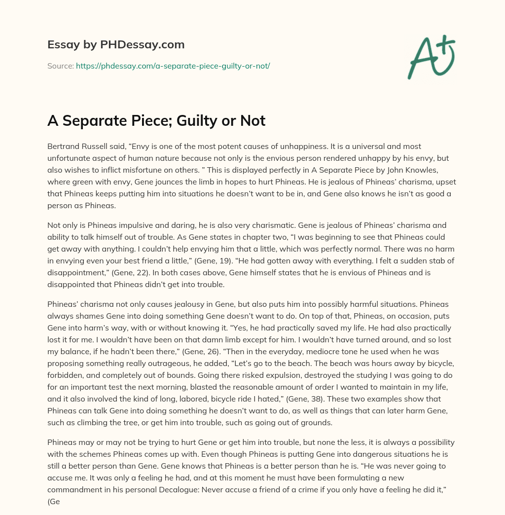 A Separate Piece; Guilty or Not essay