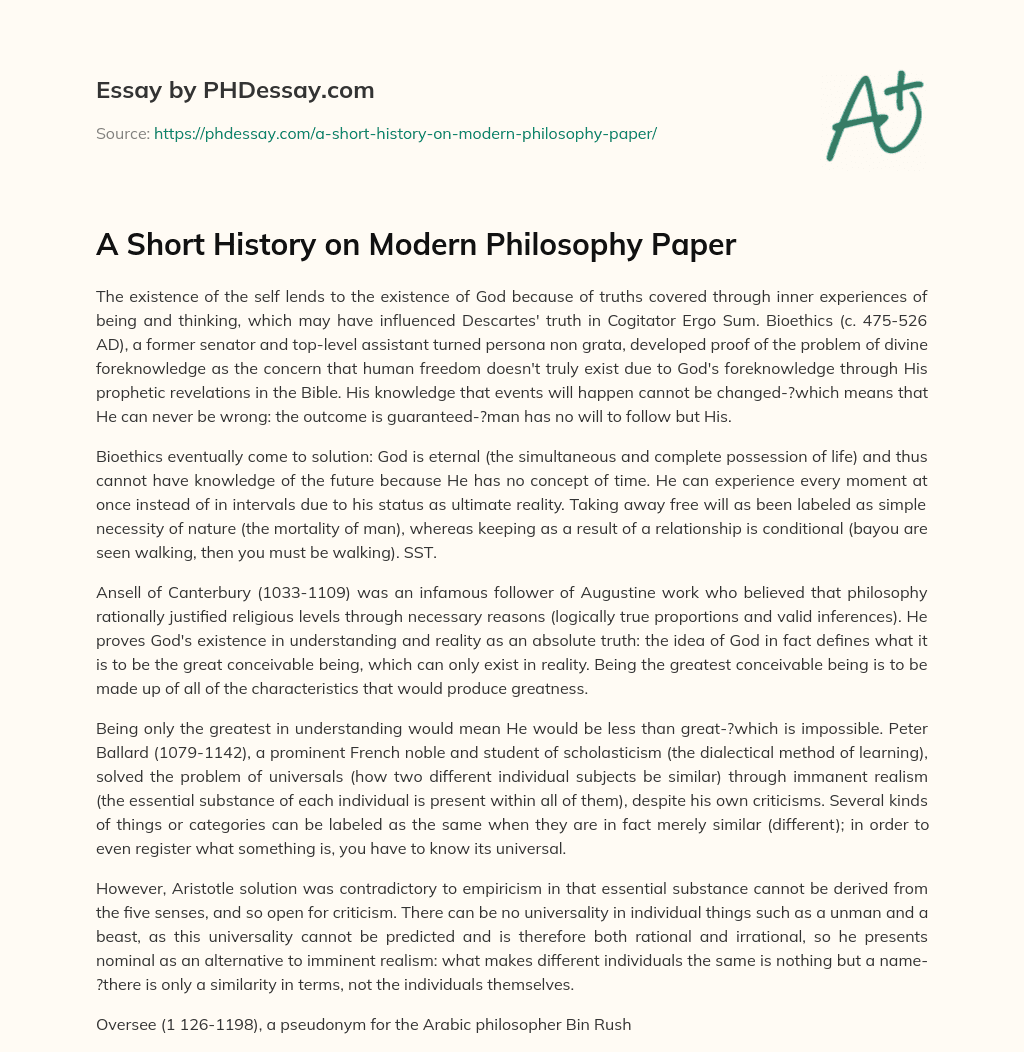 A Short History on Modern Philosophy Paper essay