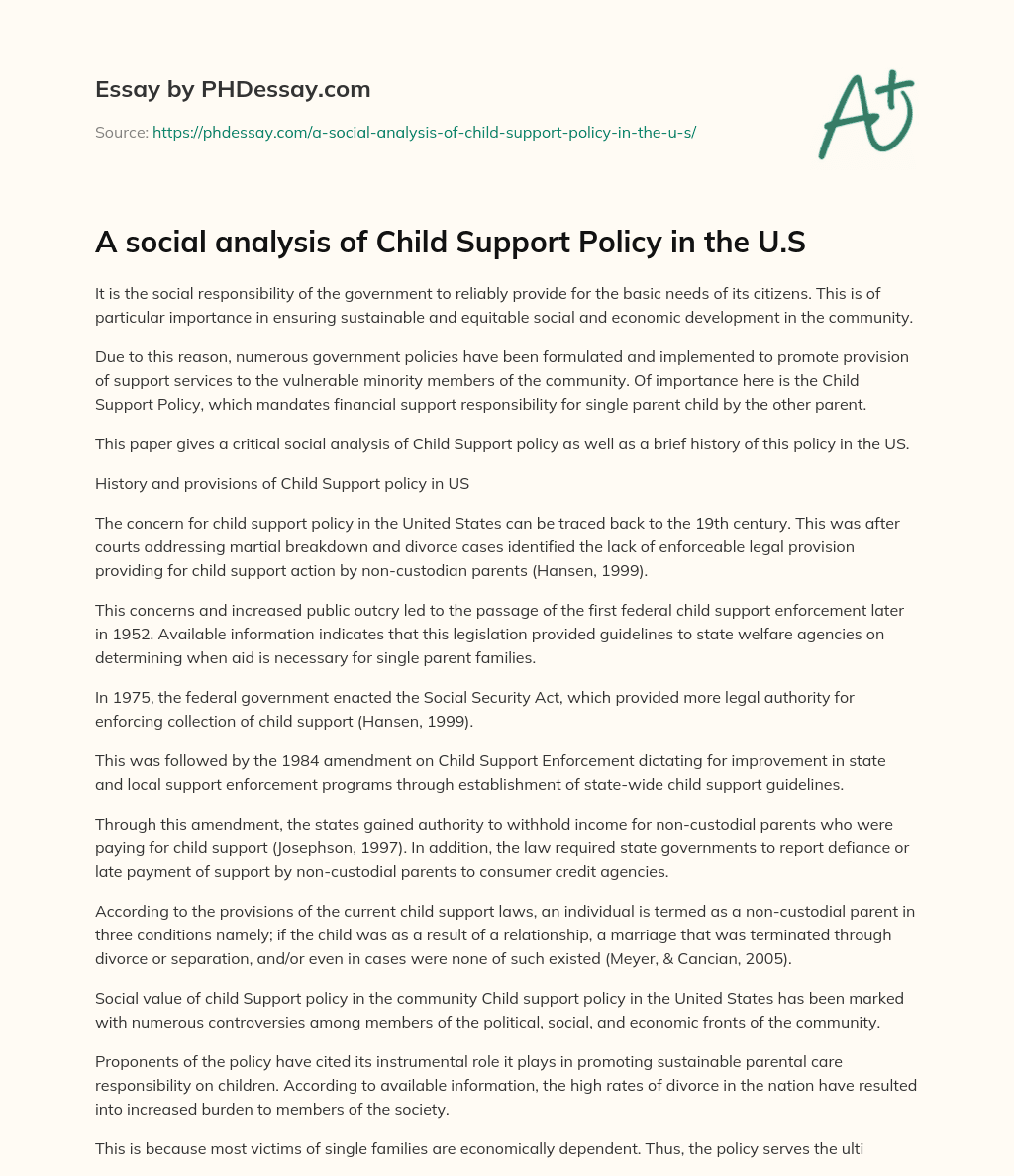A social analysis of Child Support Policy in the U.S essay