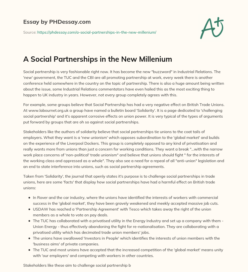 A Social Partnerships in the New Millenium essay