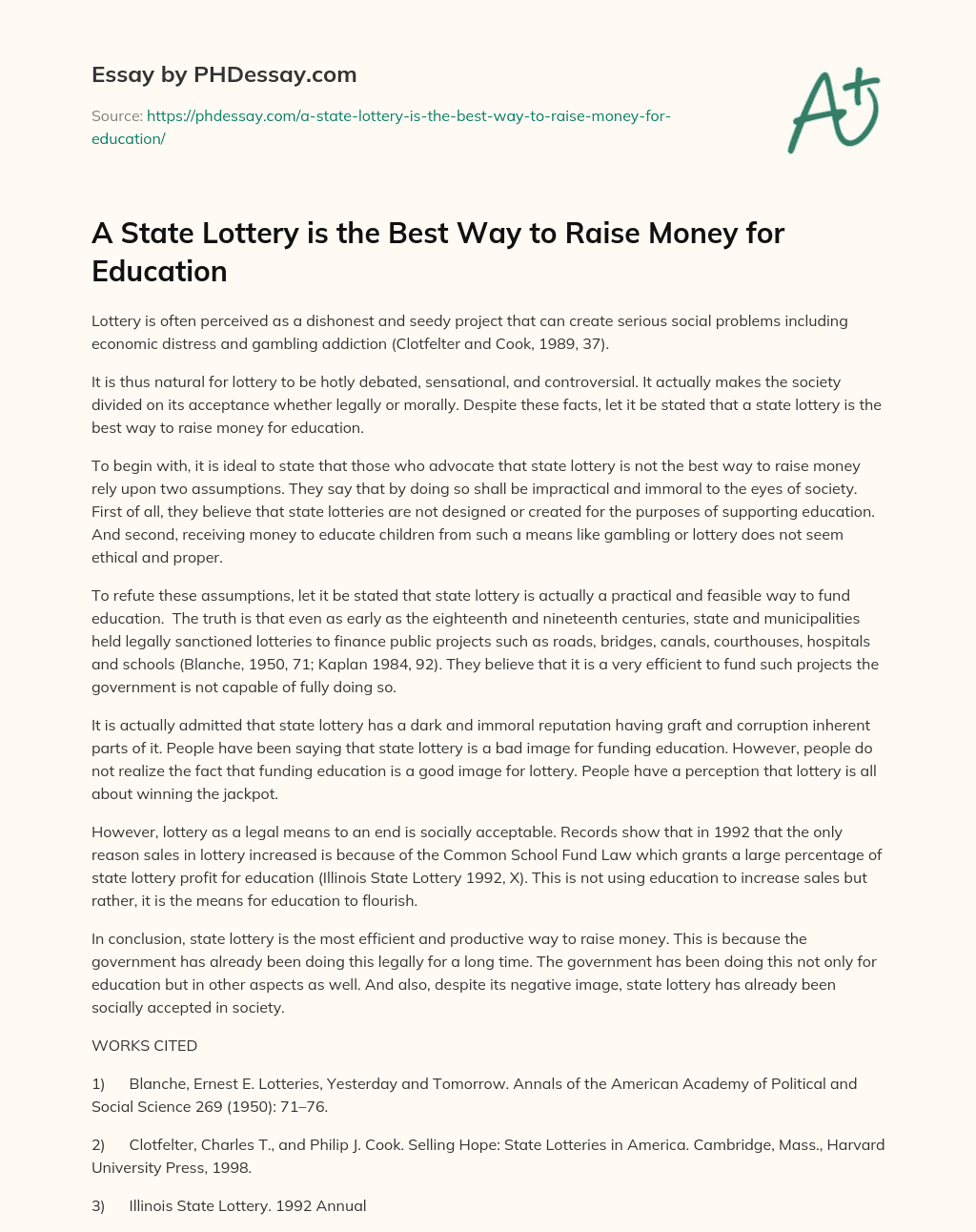 A State Lottery is the Best Way to Raise Money for Education essay