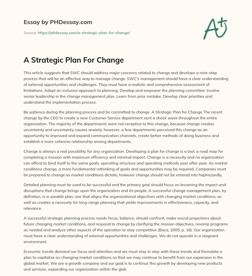 A Strategic Plan For Change essay