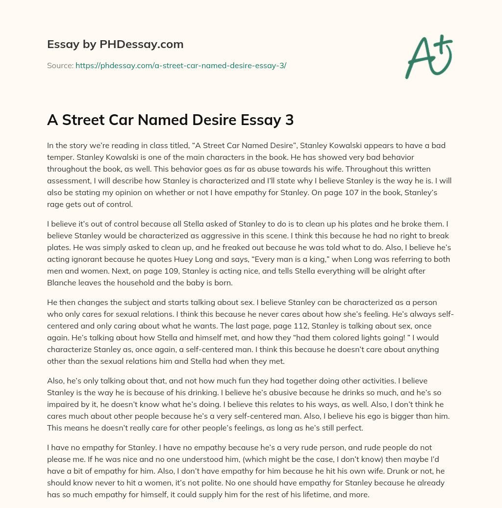 A Street Car Named Desire Essay 3 essay