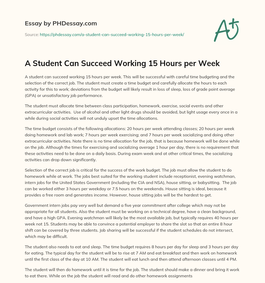 A Student Can Succeed Working 15 Hours per Week essay