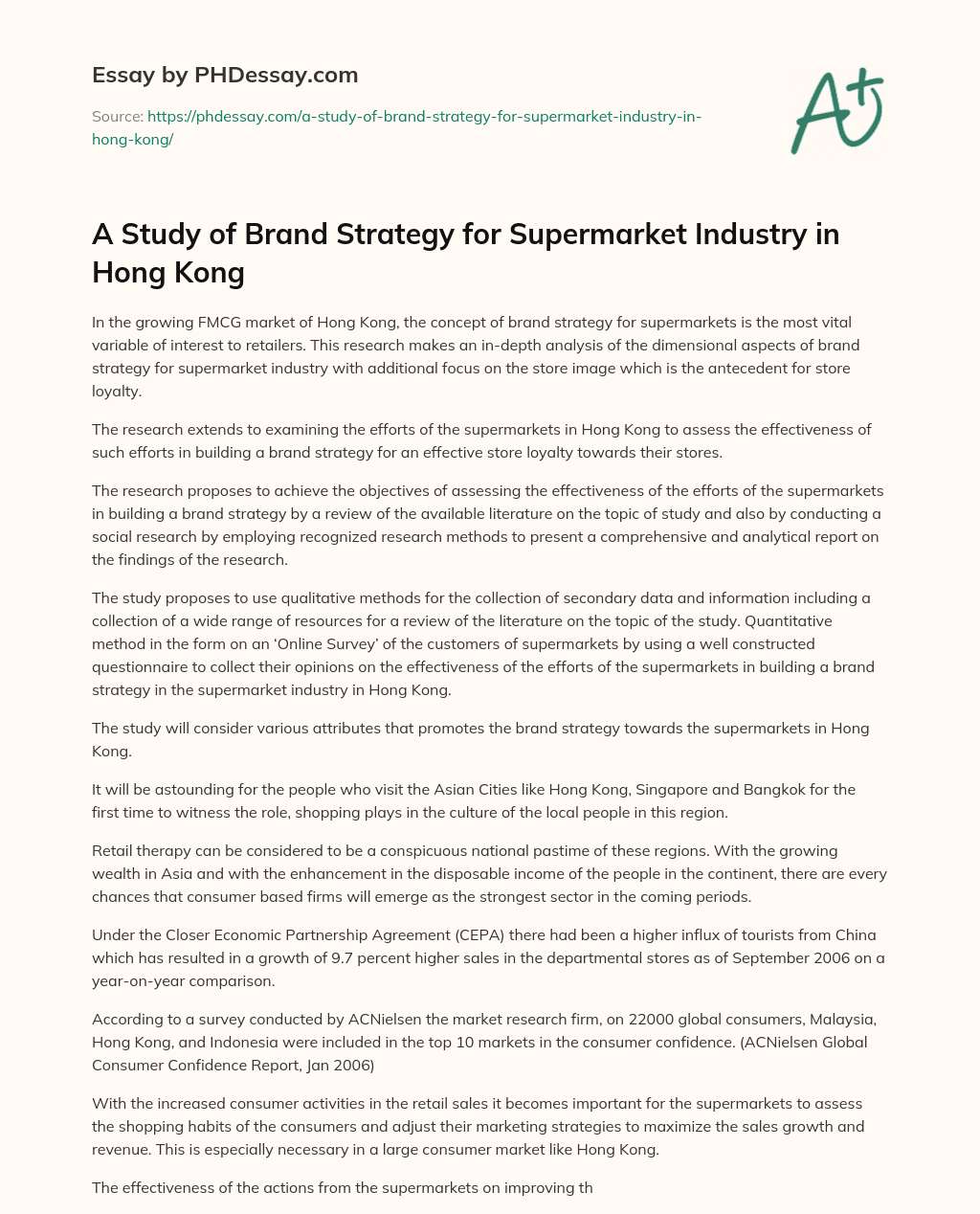 A Study of Brand Strategy for Supermarket Industry  in Hong Kong essay