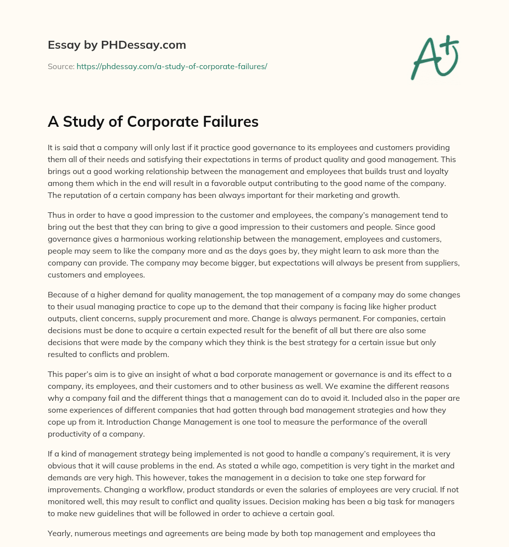 A Study of Corporate Failures essay
