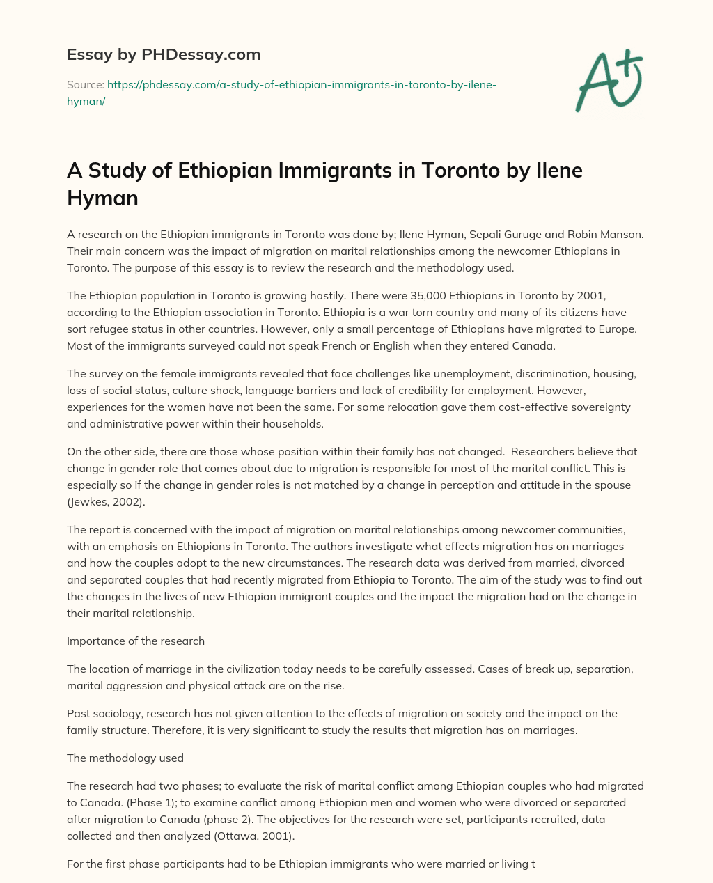 A Study of Ethiopian Immigrants in Toronto by Ilene Hyman essay