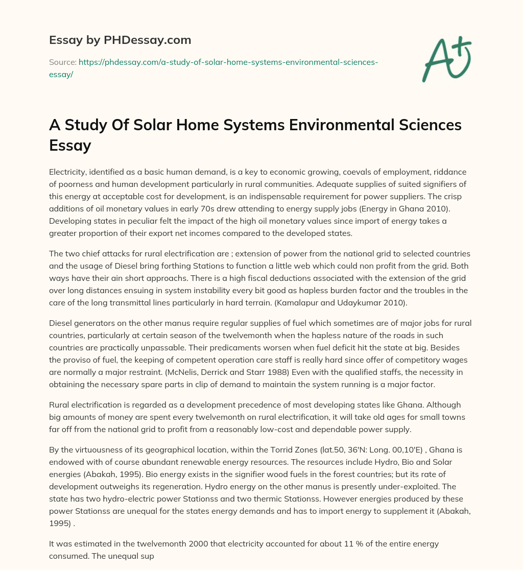 A Study Of Solar Home Systems Environmental Sciences Essay essay