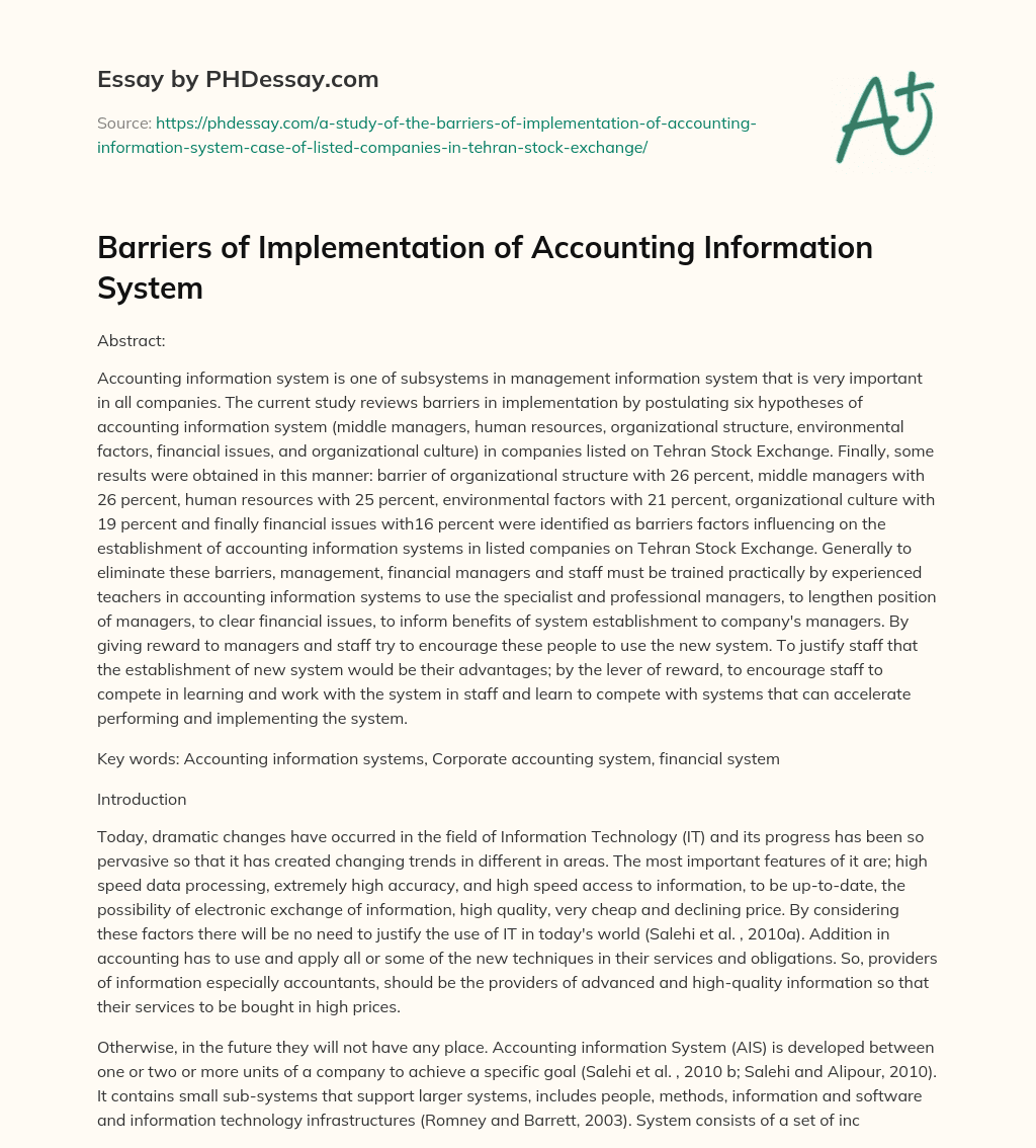 Barriers of Implementation of Accounting Information System essay