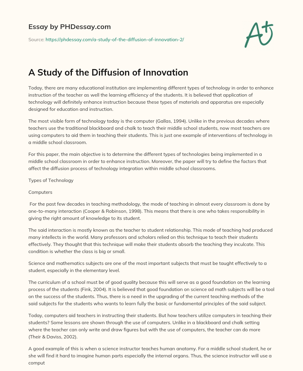 A Study of the Diffusion of Innovation essay