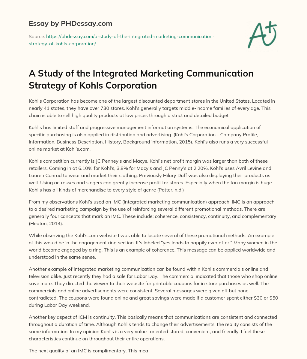 A Study of the Integrated Marketing Communication Strategy of Kohls Corporation essay