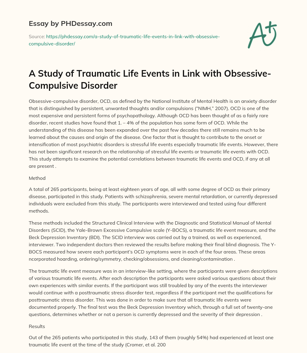 A Study of Traumatic Life Events in Link with Obsessive-Compulsive Disorder essay