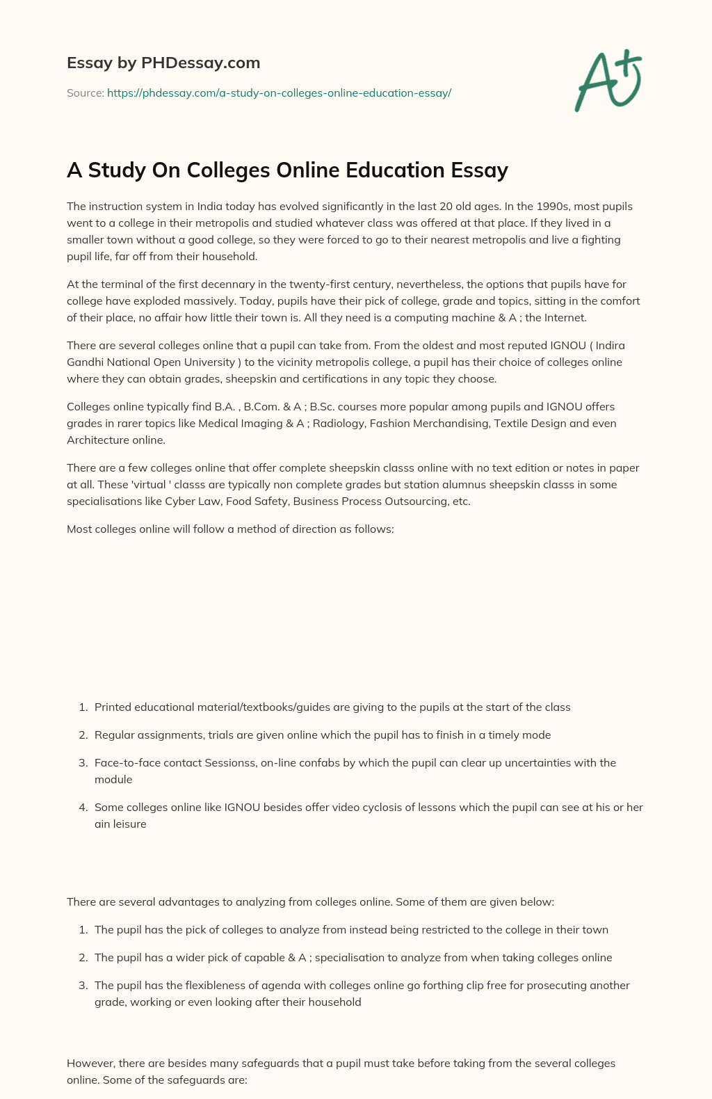 A Study On Colleges Online Education Essay essay